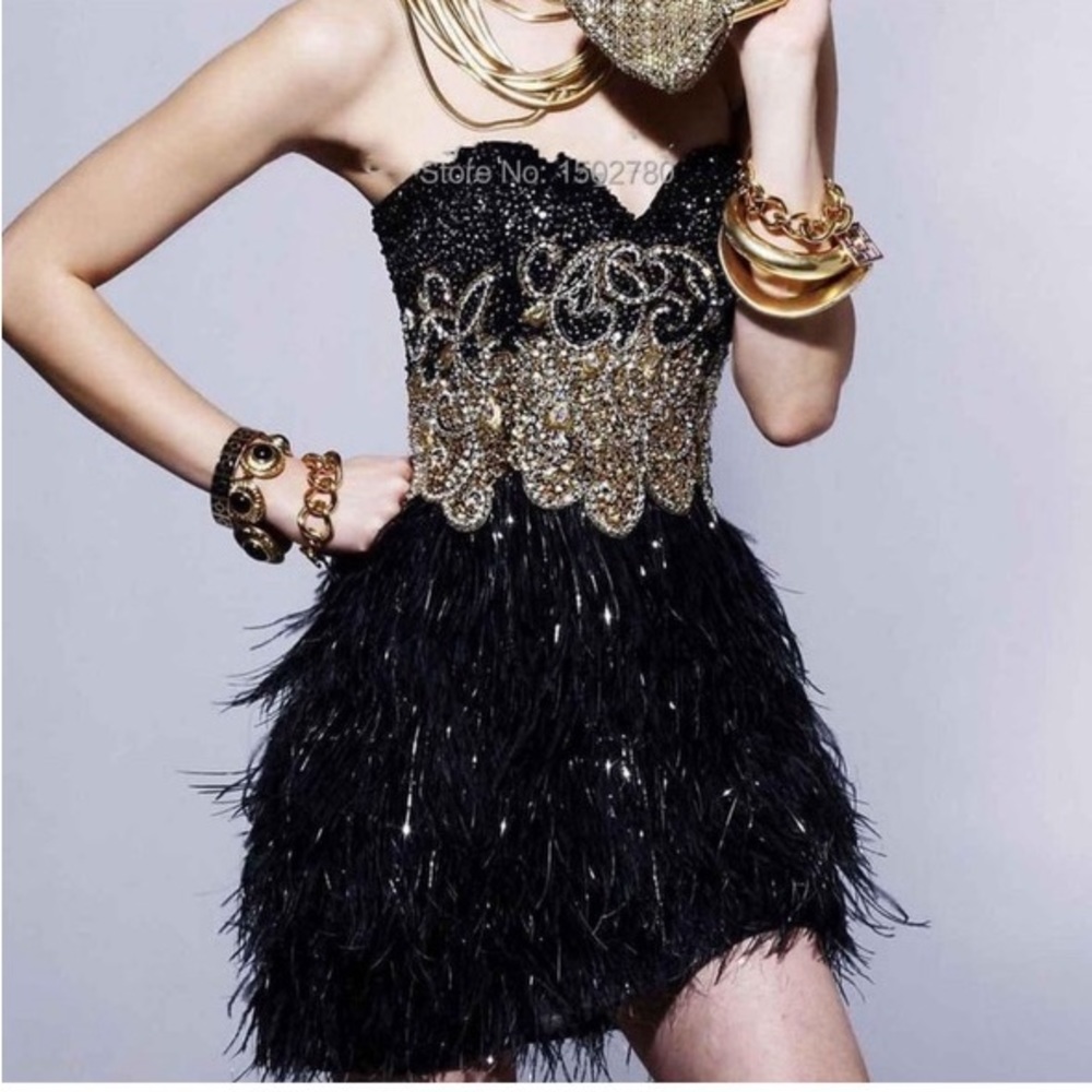 Sherri Hill Black Gold Embellished Feathered Dress